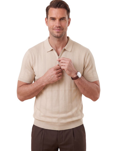 DeepSEA Erkek Polo Yaka Fermuarlı Çizgi Dokulu Regular Fit Likralı Triko Tişört 2608008