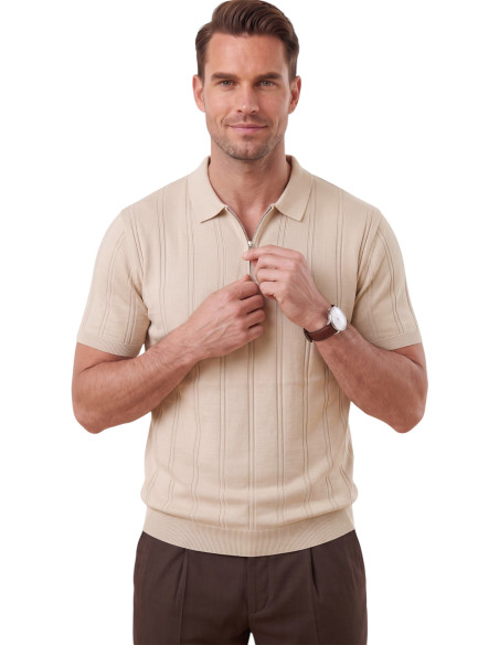 DeepSEA Erkek Polo Yaka Fermuarlı Çizgi Dokulu Regular Fit Likralı Triko Tişört 2608008