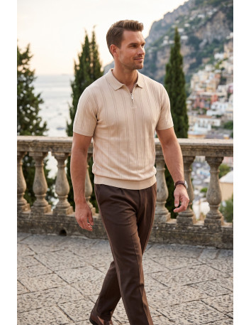 DeepSEA Erkek Polo Yaka Fermuarlı Çizgi Dokulu Regular Fit Likralı Triko Tişört 2608008
