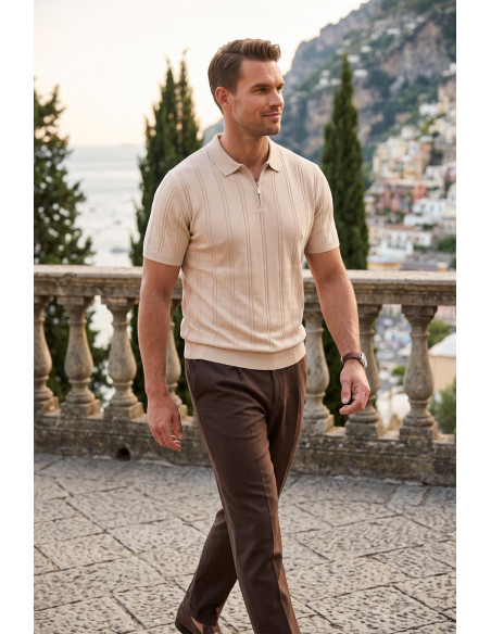 DeepSEA Erkek Polo Yaka Fermuarlı Çizgi Dokulu Regular Fit Likralı Triko Tişört 2608008