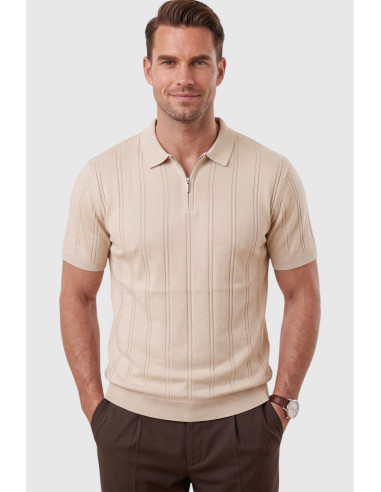 DeepSEA Erkek Polo Yaka Fermuarlı Çizgi Dokulu Regular Fit Likralı Triko Tişört 2608008