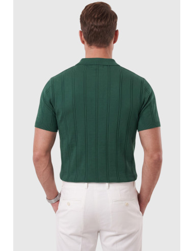 DeepSEA Erkek Polo Yaka Fermuarlı Çizgi Dokulu Regular Fit Likralı Triko Tişört 2608008