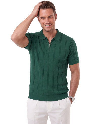 DeepSEA Fermuarlı Polo Yaka Çizgi Dokulu Triko Tişört Regular Fit Yumuşak Dokulu 2608007