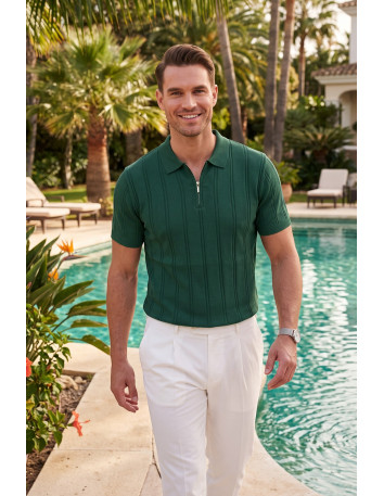 DeepSEA Erkek Polo Yaka Fermuarlı Çizgi Dokulu Regular Fit Likralı Triko Tişört 2608008