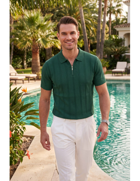 DeepSEA Erkek Polo Yaka Fermuarlı Çizgi Dokulu Regular Fit Likralı Triko Tişört 2608008