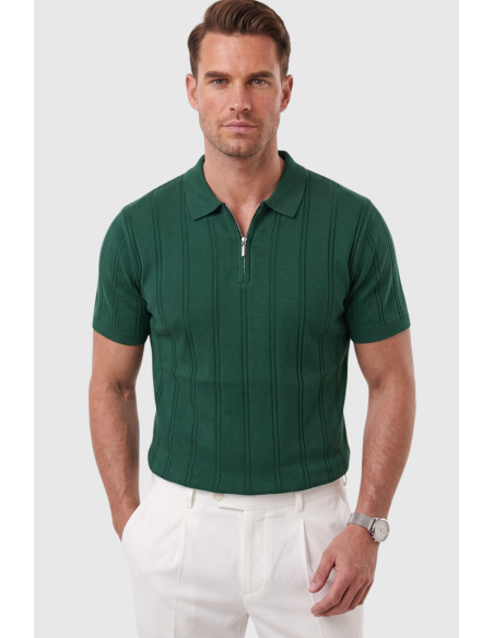 DeepSEA Erkek Polo Yaka Fermuarlı Çizgi Dokulu Regular Fit Likralı Triko Tişört 2608008