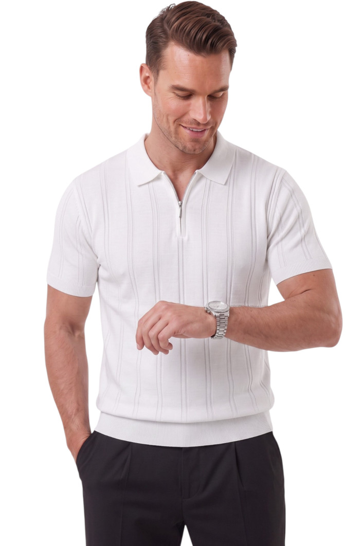 DeepSEA Fermuarlı Polo Yaka Çizgi Dokulu Triko Tişört Regular Fit Yumuşak Dokulu 2608007 2