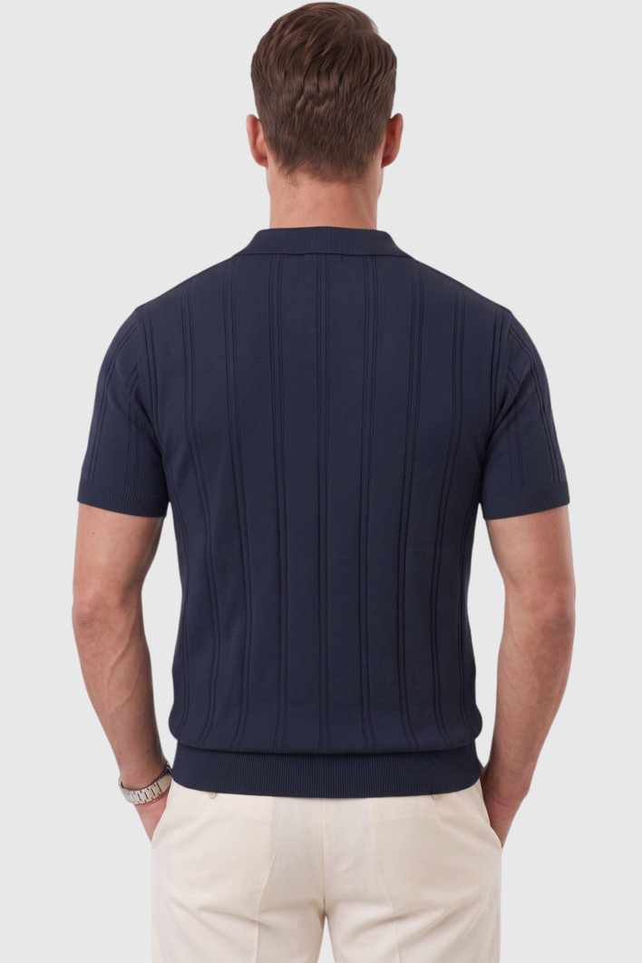 DeepSEA Fermuarlı Polo Yaka Çizgi Dokulu Triko Tişört Regular Fit Yumuşak Dokulu 2608007 2
