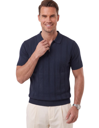 DeepSEA Fermuarlı Polo Yaka Çizgi Dokulu Triko Tişört Regular Fit Yumuşak Dokulu 2608007