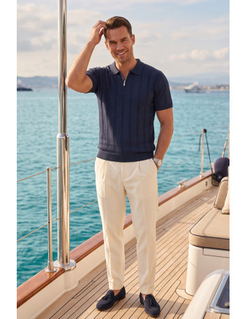 DeepSEA Erkek Polo Yaka Fermuarlı Çizgi Dokulu Regular Fit Likralı Triko Tişört 2608008