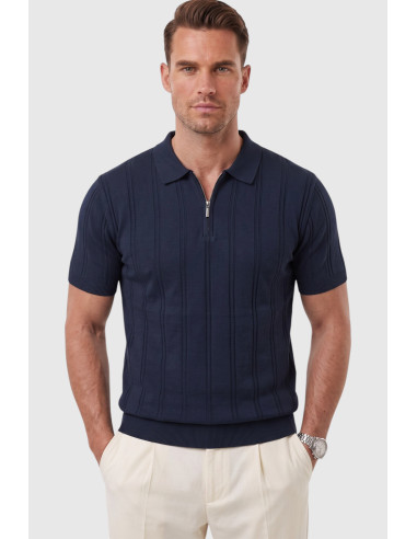 DeepSEA Fermuarlı Polo Yaka Çizgi Dokulu Triko Tişört Regular Fit Yumuşak Dokulu 2608007