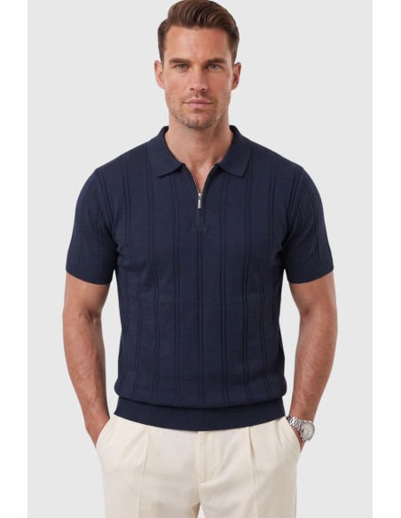 DeepSEA Erkek Polo Yaka Fermuarlı Çizgi Dokulu Regular Fit Likralı Triko Tişört 2608008