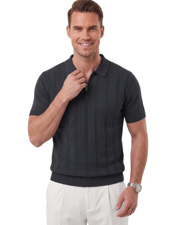 DeepSEA Erkek Polo Yaka Fermuarlı Çizgi Dokulu Regular Fit Likralı Triko Tişört 2608008 2