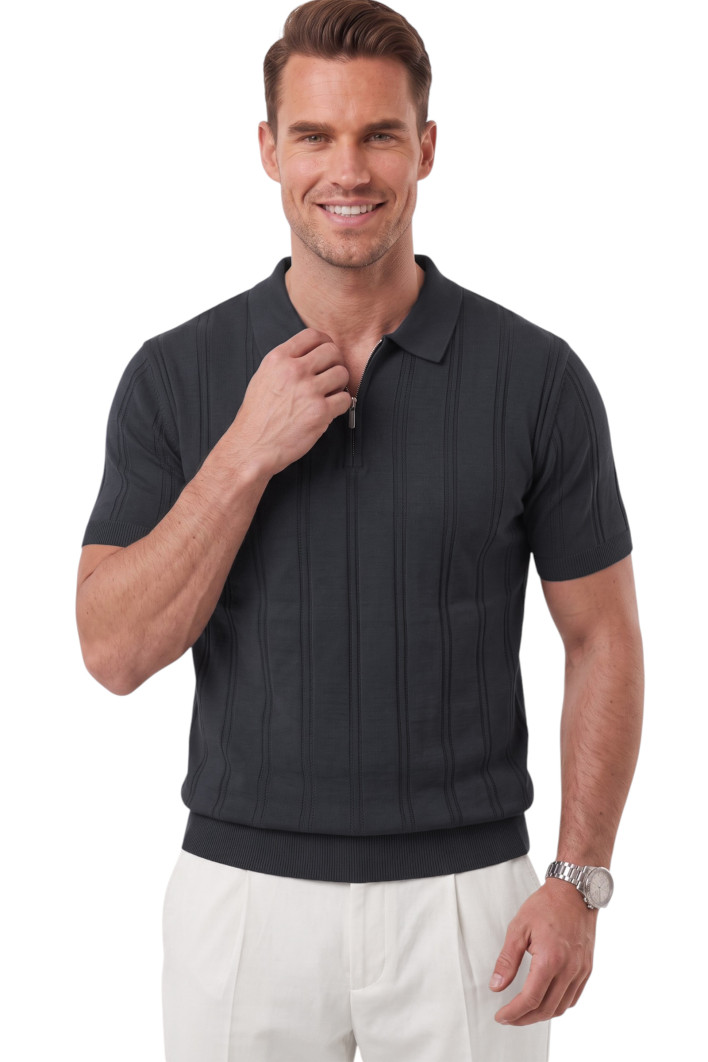 DeepSEA Fermuarlı Polo Yaka Çizgi Dokulu Triko Tişört Regular Fit Yumuşak Dokulu 2608007 2