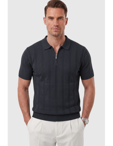 DeepSEA Erkek Polo Yaka Fermuarlı Çizgi Dokulu Regular Fit Likralı Triko Tişört 2608008