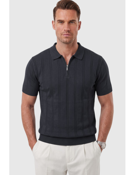 DeepSEA Erkek Polo Yaka Fermuarlı Çizgi Dokulu Regular Fit Likralı Triko Tişört 2608008