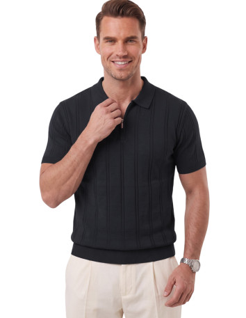 DeepSEA Erkek Polo Yaka Fermuarlı Çizgi Dokulu Regular Fit Likralı Triko Tişört 2608008 2