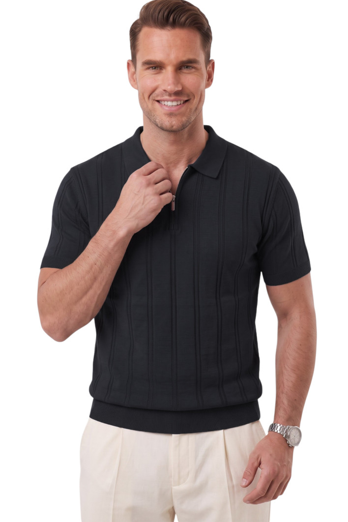 DeepSEA Fermuarlı Polo Yaka Çizgi Dokulu Triko Tişört Regular Fit Yumuşak Dokulu 2608007 2