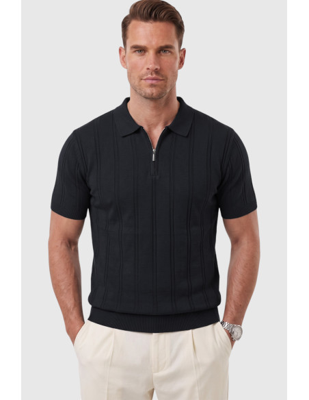 DeepSEA Erkek Polo Yaka Fermuarlı Çizgi Dokulu Regular Fit Likralı Triko Tişört 2608008