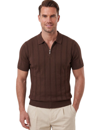 DeepSEA Erkek Polo Yaka Fermuarlı Çizgi Dokulu Regular Fit Likralı Triko Tişört 2608008