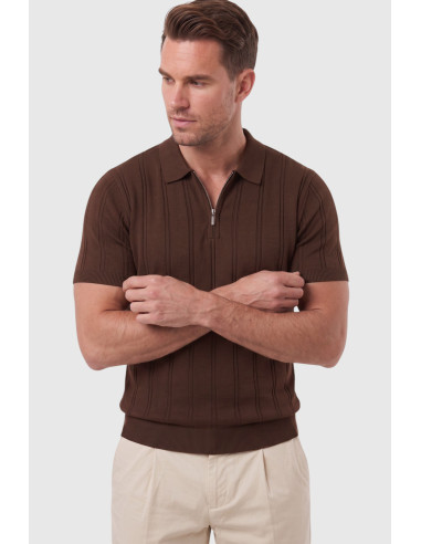 DeepSEA Erkek Polo Yaka Fermuarlı Çizgi Dokulu Regular Fit Likralı Triko Tişört 2608008