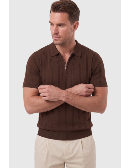 DeepSEA Erkek Polo Yaka Fermuarlı Çizgi Dokulu Regular Fit Likralı Triko Tişört 2608008