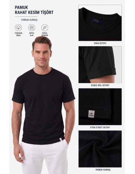 DeepSEA %95 Pamuk Regular Fit Rahat Kesim Duble Kollu Bisiklet Yaka Likralı Tişört 2604361