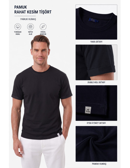 DeepSEA %95 Pamuk Regular Fit Rahat Kesim Duble Kollu Bisiklet Yaka Likralı Tişört 2604361