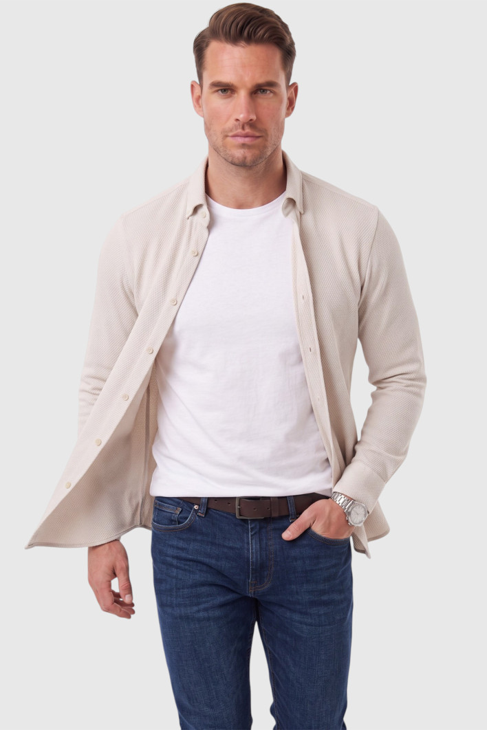 DeepSEA Erkek %97 Pamuk Slim Fit Dar Kesim Petek Dokulu Likralı Örme Gömlek 2600707 2