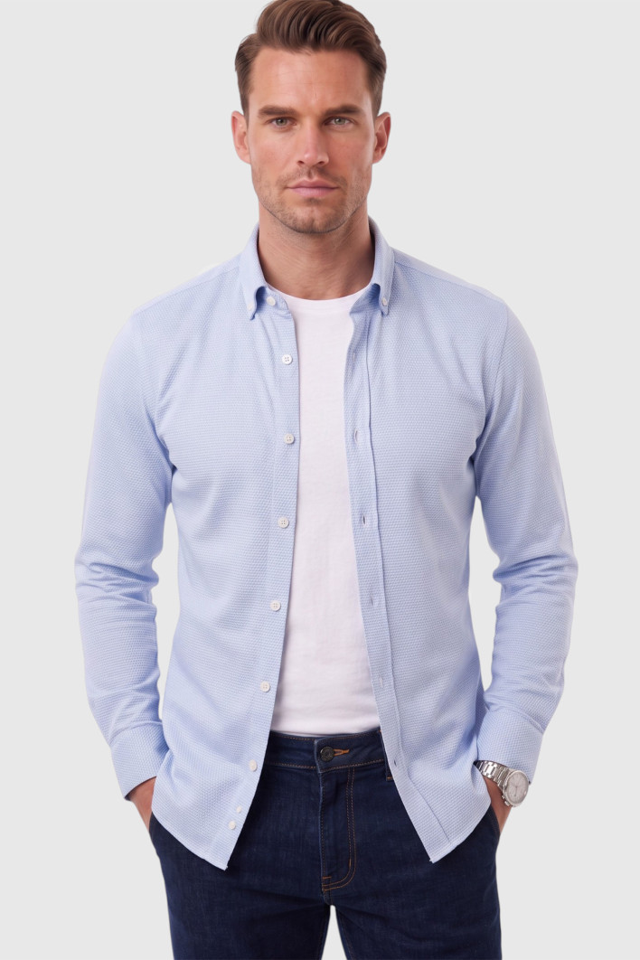 DeepSEA Erkek %97 Pamuk Slim Fit Dar Kesim Petek Dokulu Likralı Örme Gömlek 2600707 2
