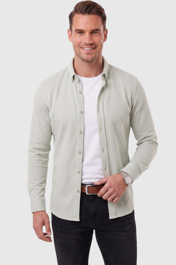 DeepSEA Erkek %97 Pamuk Slim Fit Dar Kesim Petek Dokulu Likralı Örme Gömlek 2600707 2