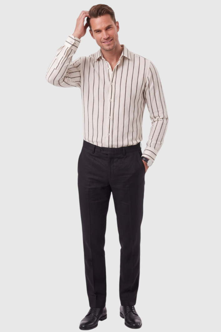 DeepSEA Erkek %100 Pamuk Slim Fit Dar Kesim Keten Dokulu Çizgili Uzun Kollu Gömlek 2600034 2