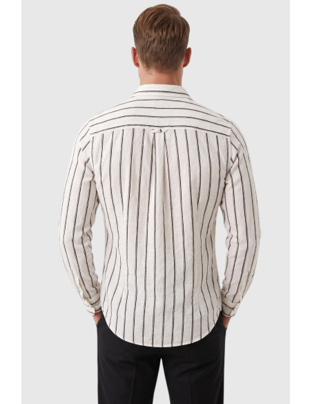 DeepSEA Erkek %100 Pamuk Slim Fit Dar Kesim Keten Dokulu Çizgili Uzun Kollu Gömlek 2600034