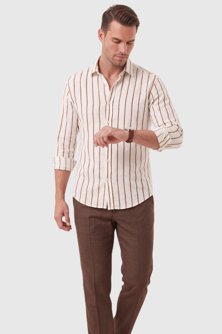 DeepSEA Erkek %100 Pamuk Slim Fit Dar Kesim Keten Dokulu Çizgili Uzun Kollu Gömlek 2600034 2