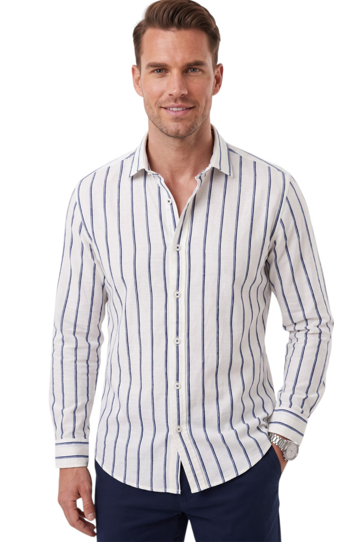 DeepSEA Erkek %100 Pamuk Slim Fit Dar Kesim Keten Dokulu Çizgili Uzun Kollu Gömlek 2600034