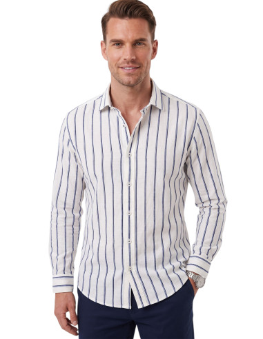 DeepSEA Erkek %100 Pamuk Slim Fit Dar Kesim Keten Dokulu Çizgili Uzun Kollu Gömlek 2600034