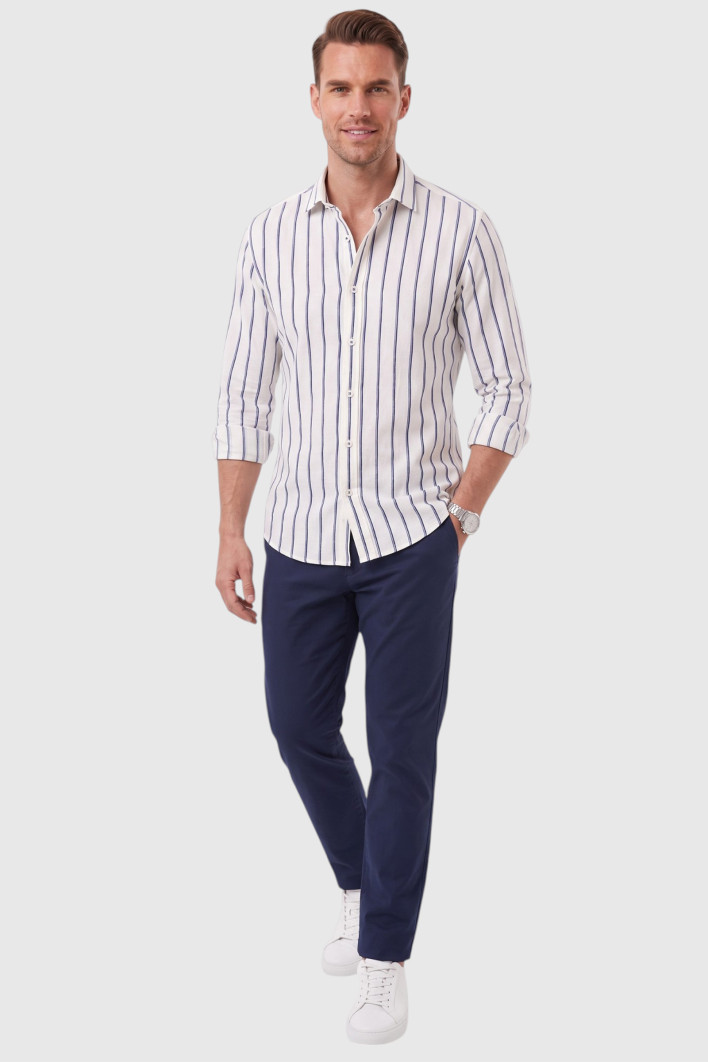 DeepSEA Erkek %100 Pamuk Slim Fit Dar Kesim Keten Dokulu Çizgili Uzun Kollu Gömlek 2600034 2