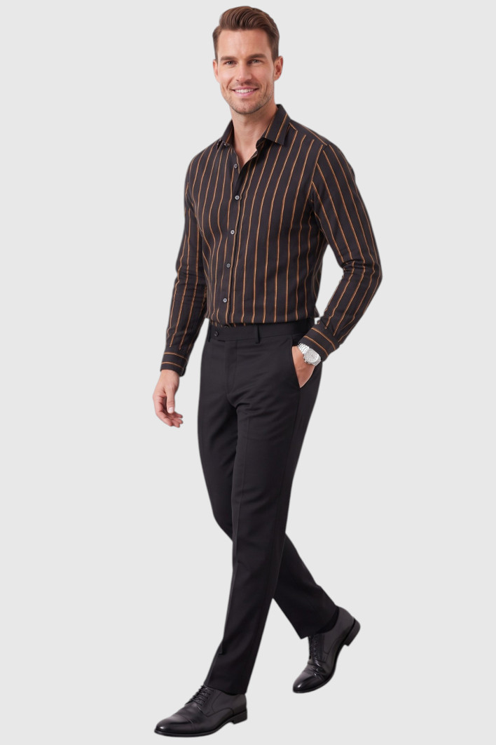 DeepSEA Erkek %100 Pamuk Slim Fit Dar Kesim Keten Dokulu Çizgili Uzun Kollu Gömlek 2600034 2