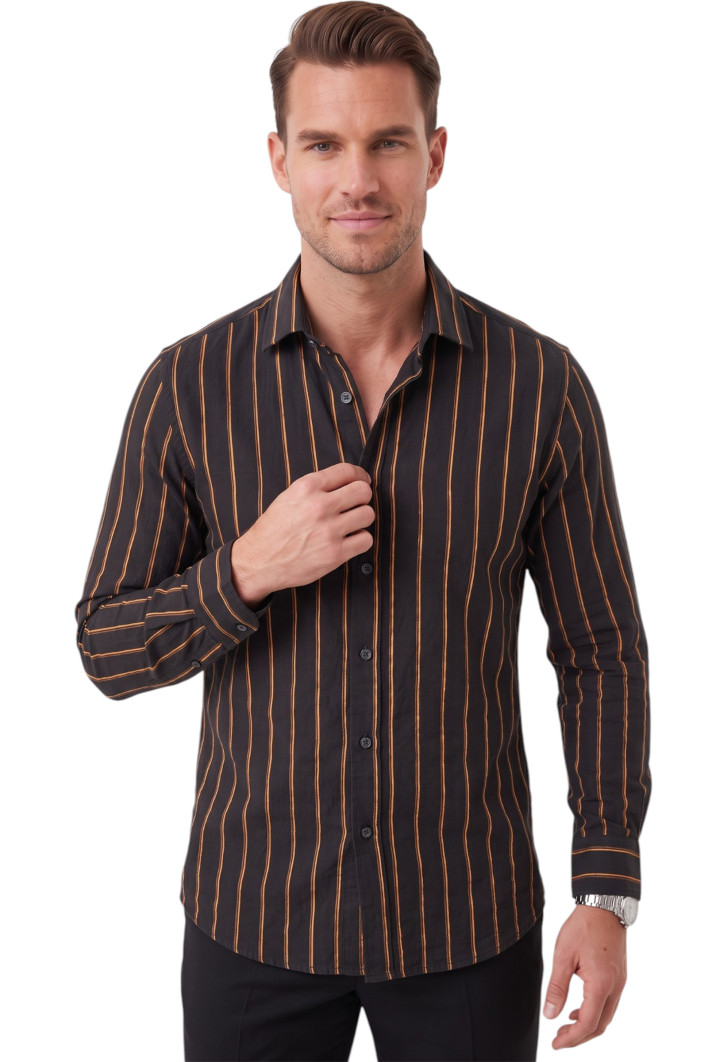 DeepSEA Erkek %100 Pamuk Slim Fit Dar Kesim Keten Dokulu Çizgili Uzun Kollu Gömlek 2600034