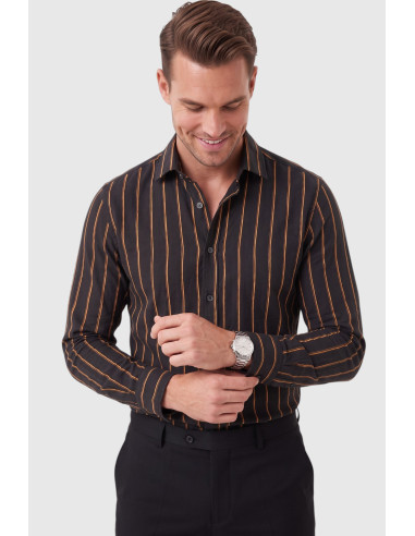 DeepSEA Erkek %100 Pamuk Slim Fit Dar Kesim Keten Dokulu Çizgili Uzun Kollu Gömlek 2600034