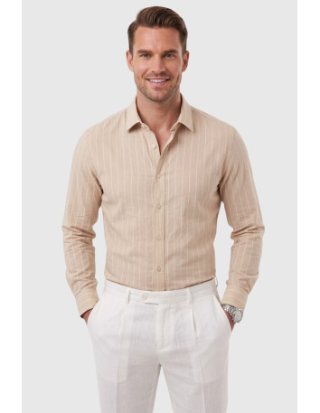 DeepSEA Erkek %100 Pamuk Slim Fit Dar Kesim Keten Dokulu Çizgili Uzun Kollu Gömlek 2600034 2