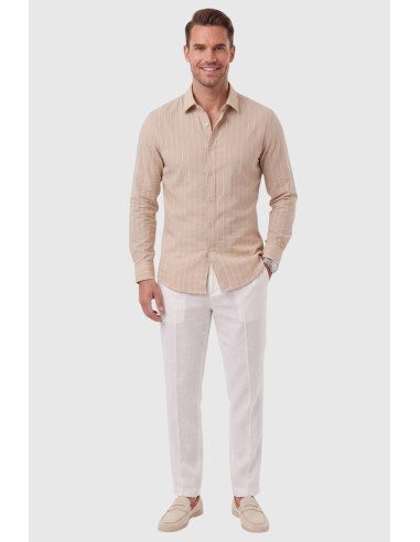 DeepSEA Erkek %100 Pamuk Slim Fit Dar Kesim Keten Dokulu Çizgili Uzun Kollu Gömlek 2600034