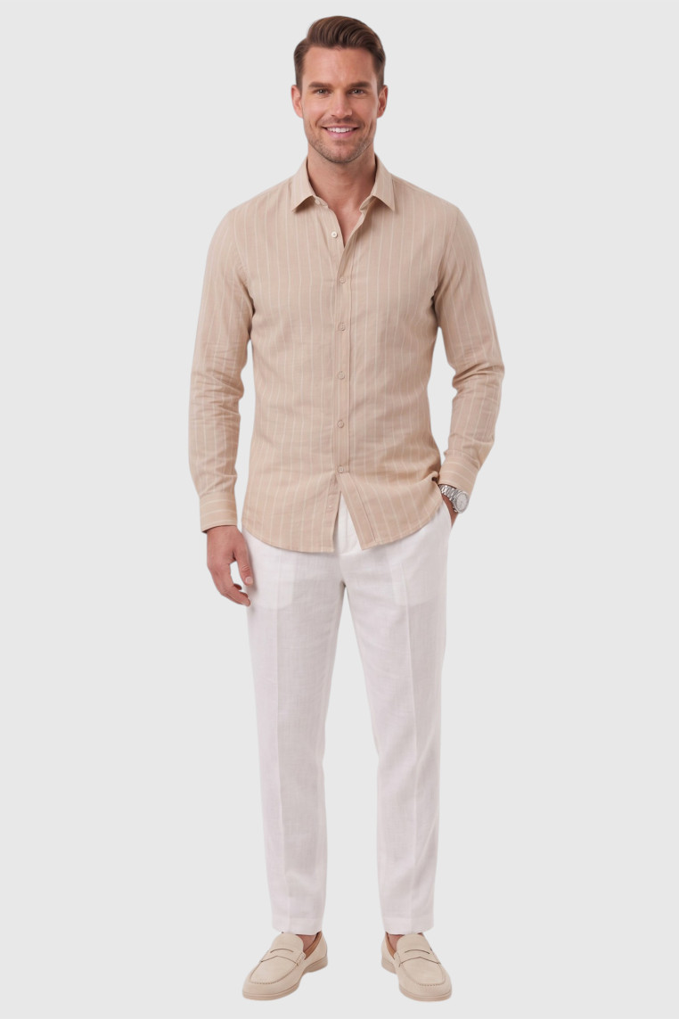 DeepSEA Erkek Slim Fit %95 Pamuk Çizgi Dokulu Ütü Gerektirmeyen Gömlek 2600002