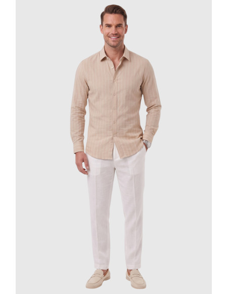 DeepSEA Erkek %100 Pamuk Slim Fit Dar Kesim Keten Dokulu Çizgili Uzun Kollu Gömlek 2600034