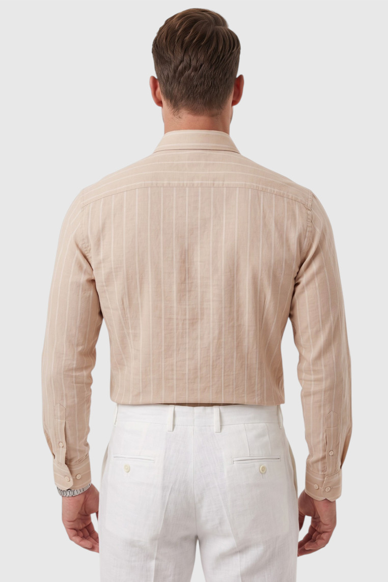 DeepSEA Erkek %100 Pamuk Slim Fit Dar Kesim Keten Dokulu Çizgili Uzun Kollu Gömlek 2600034