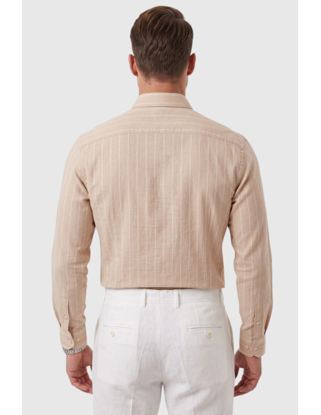 DeepSEA Erkek %100 Pamuk Slim Fit Dar Kesim Keten Dokulu Çizgili Uzun Kollu Gömlek 2600034