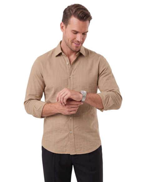 DeepSEA Erkek %100 Pamuk Slim Fit Dar Kesim Keten Dokulu Çizgili Uzun Kollu Gömlek 2600034