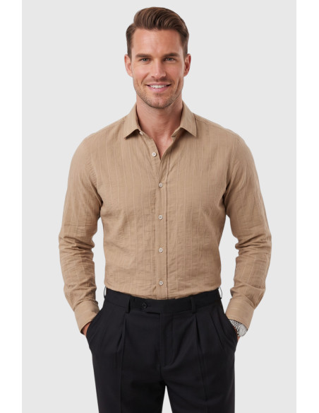 DeepSEA Erkek %100 Pamuk Slim Fit Dar Kesim Keten Dokulu Çizgili Uzun Kollu Gömlek 2600034
