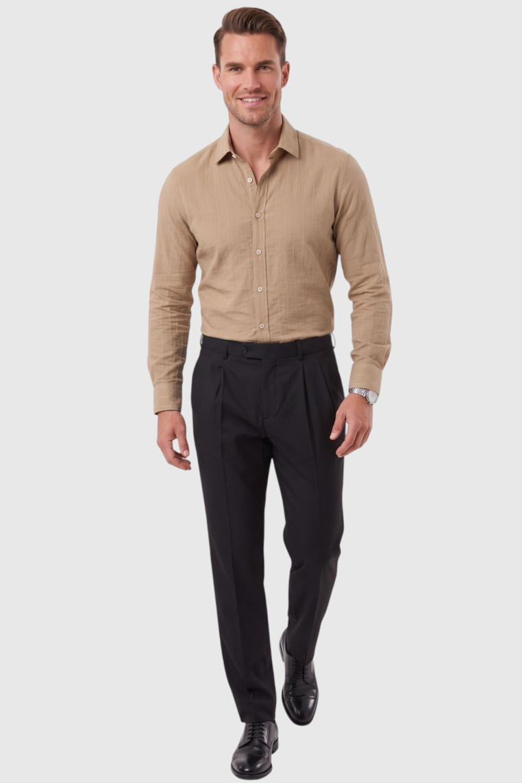 DeepSEA Erkek %100 Pamuk Slim Fit Dar Kesim Keten Dokulu Çizgili Uzun Kollu Gömlek 2600034