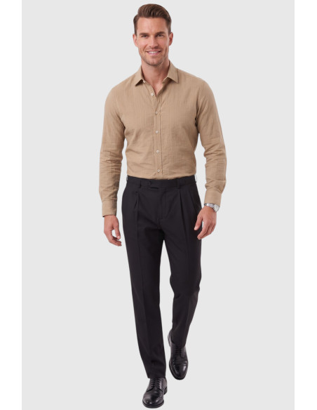 DeepSEA Erkek %100 Pamuk Slim Fit Dar Kesim Keten Dokulu Çizgili Uzun Kollu Gömlek 2600034